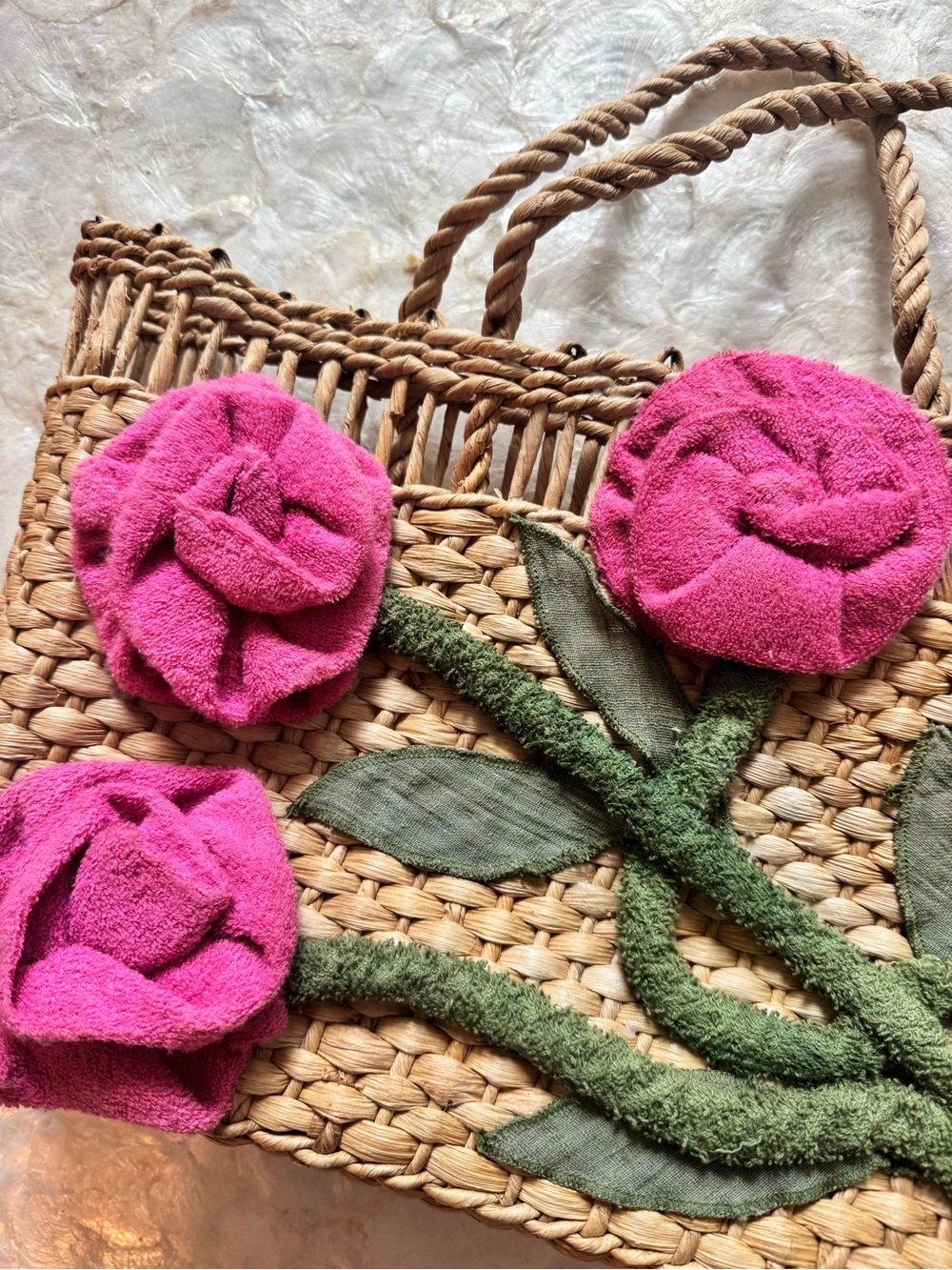 Woven Straw Tote Bag with Pink Floral Accent